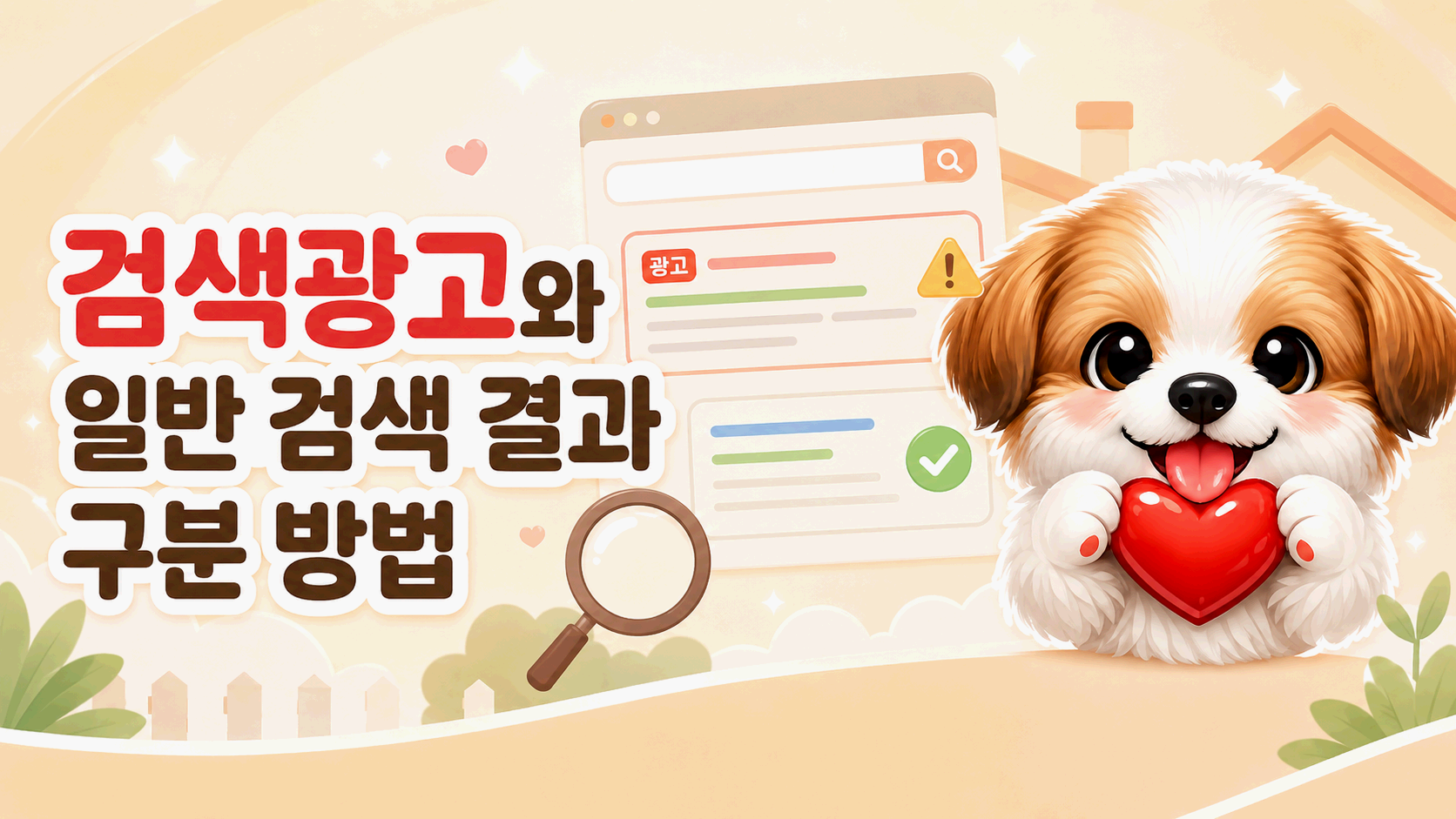 검색광고와 일반 검색 결과 구분 방법 문구와 검색 결과 화면, 돋보기, 하트를 안은 강아지 그림